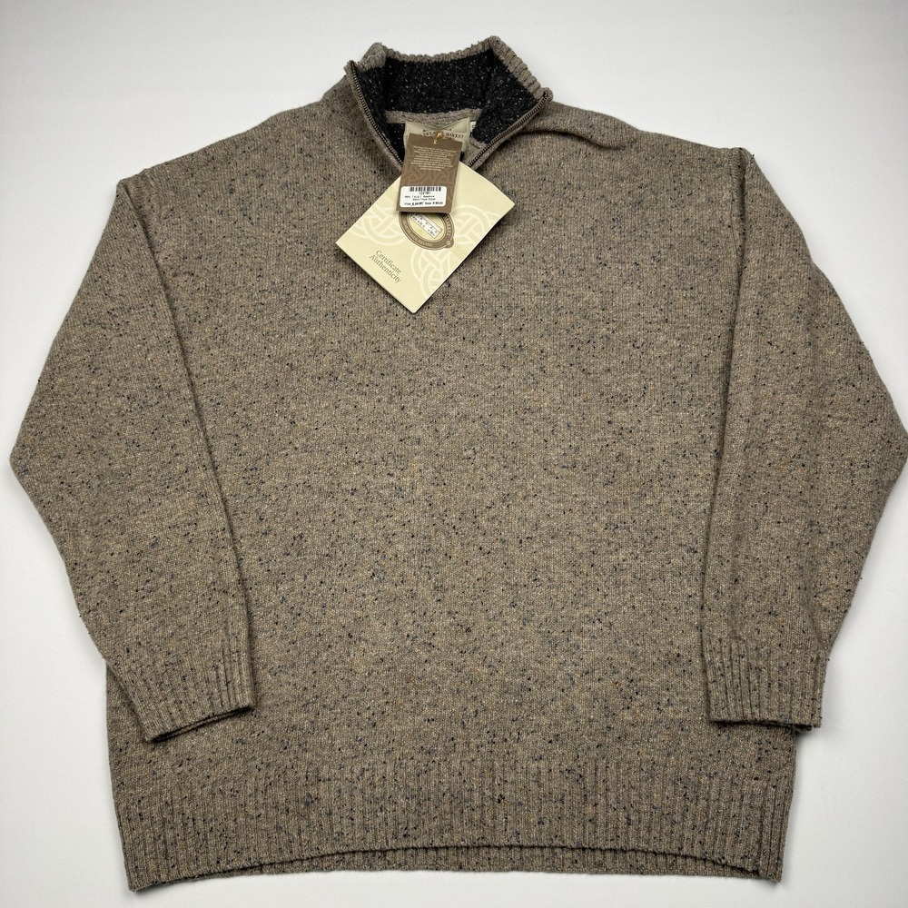 Aran Sweater Market Sweater Mens XL Beige Wool 1/4 Zip Mock Neck R693 Ireland